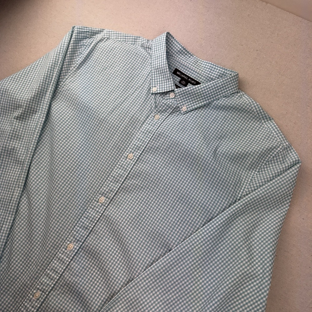 Michael Kors Mens XXL Slim Fit Button Down Shirt Green White Gingham Check